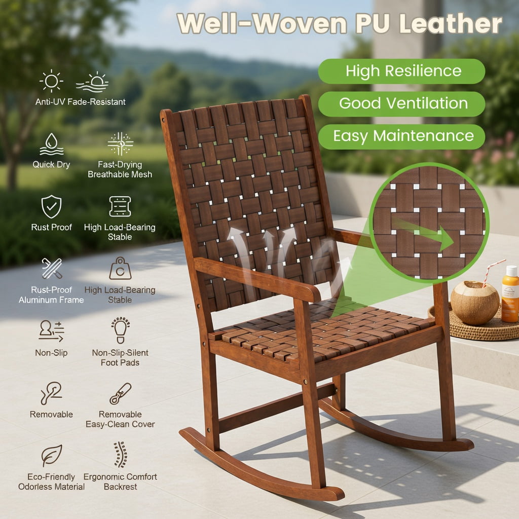 Hommoo Rubber Wood Patio Rocking Chair with PU Leather Seat, Indoor & Outdoor Balcony, Backyard, Living Room Rocker, Sturdy, Easy Assembly, Brown