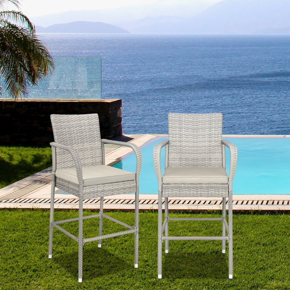 2Piece Outdoor Bistro Bar Chairs, Rattan Patio High Bar Chair with AllWeather Soft Cushion, 27