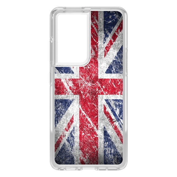 DistinctInk Clear Shockproof Hybrid Case for Galaxy S21 ULTRA 5G (6.8" Screen) - TPU Bumper, Acrylic Back, Tempered Glass Screen Protector - Red White Blue British Flag Weathered - Love of the UK