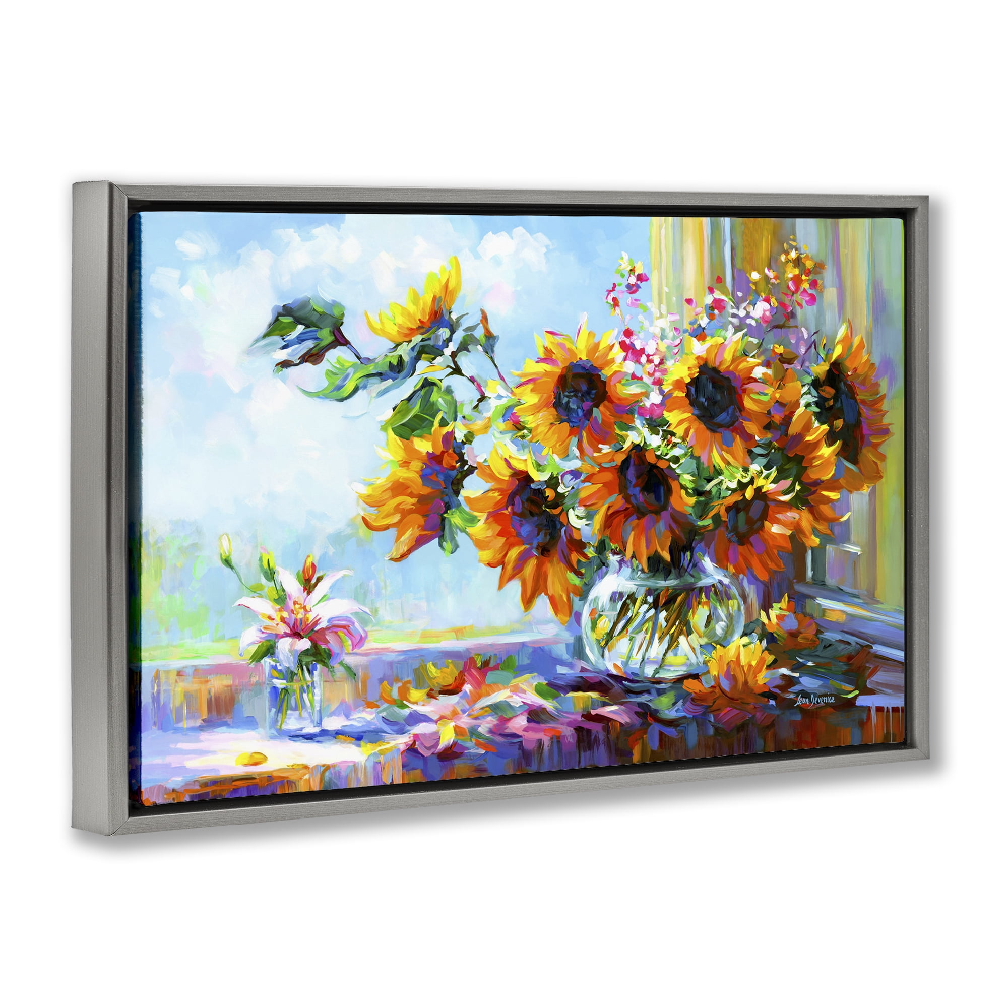 Stupell Industries Sunflowers Morning Glory Botanical & Floral Painting Gray Floater Framed Art Print Wall Art, 31 x 21