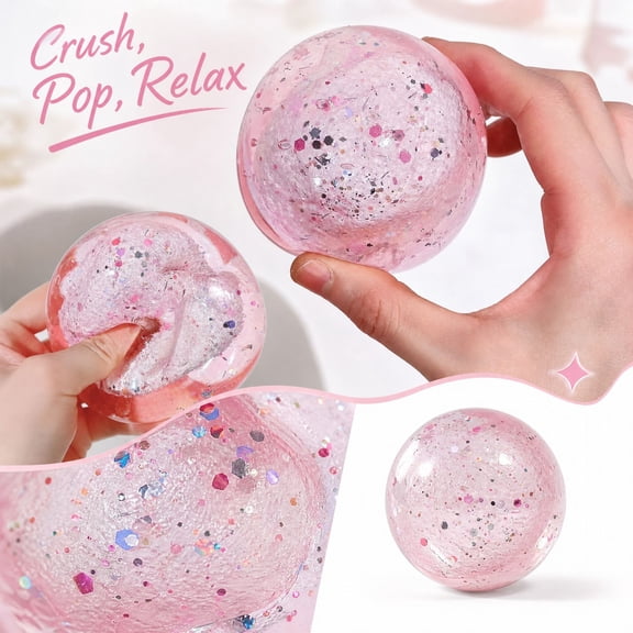 Coconut Oil Glitter Squishy Fidget Toys, Clear Stress Ball With Multicolor Glitter Fill, Sensory Squeeze Gadget For Party Favors & Relaxation (Pink)