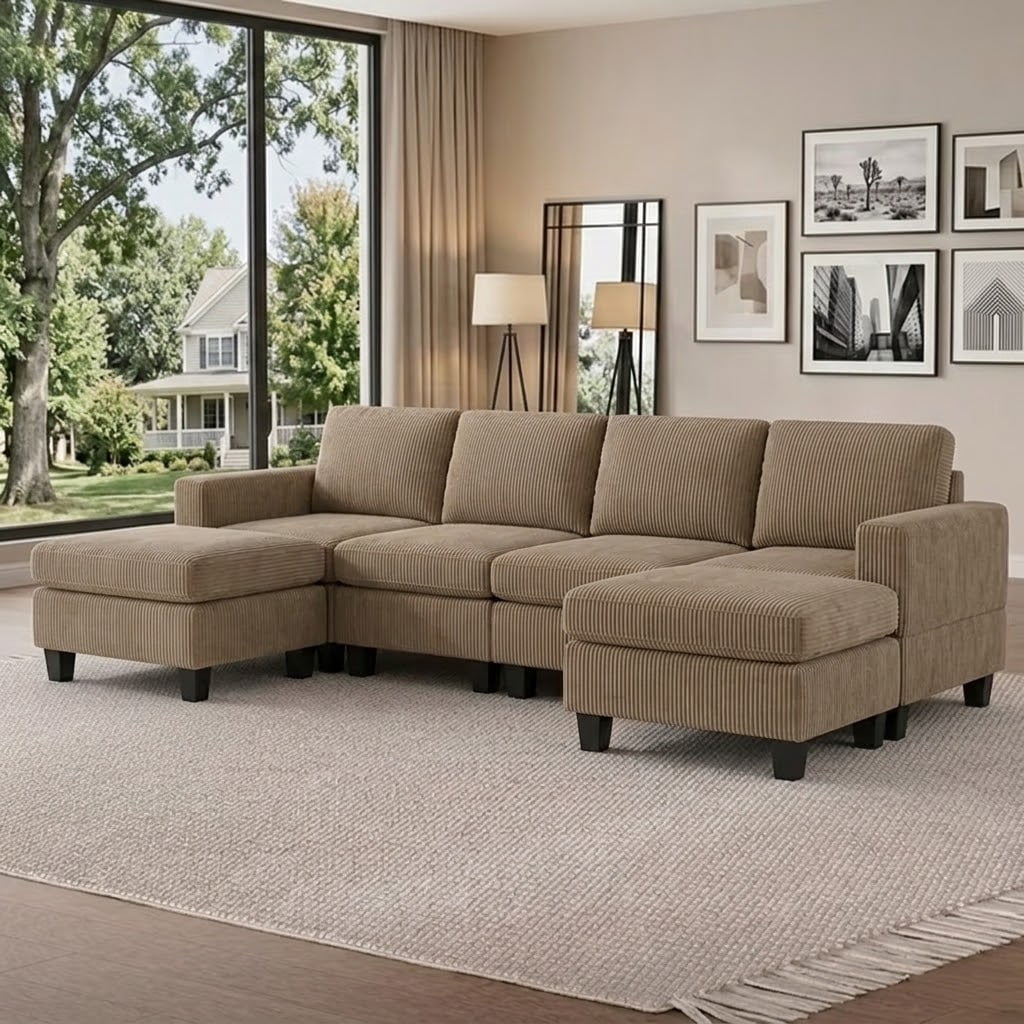 Howcool 106" Cloud Sectional Sofa with Extra Deep Seat,U Shaped Sectional Couches for Living Room,4 Seater Corduroy Sofas & Couches,Modern Apartment Couch with Double Chaise Lounge,Camel