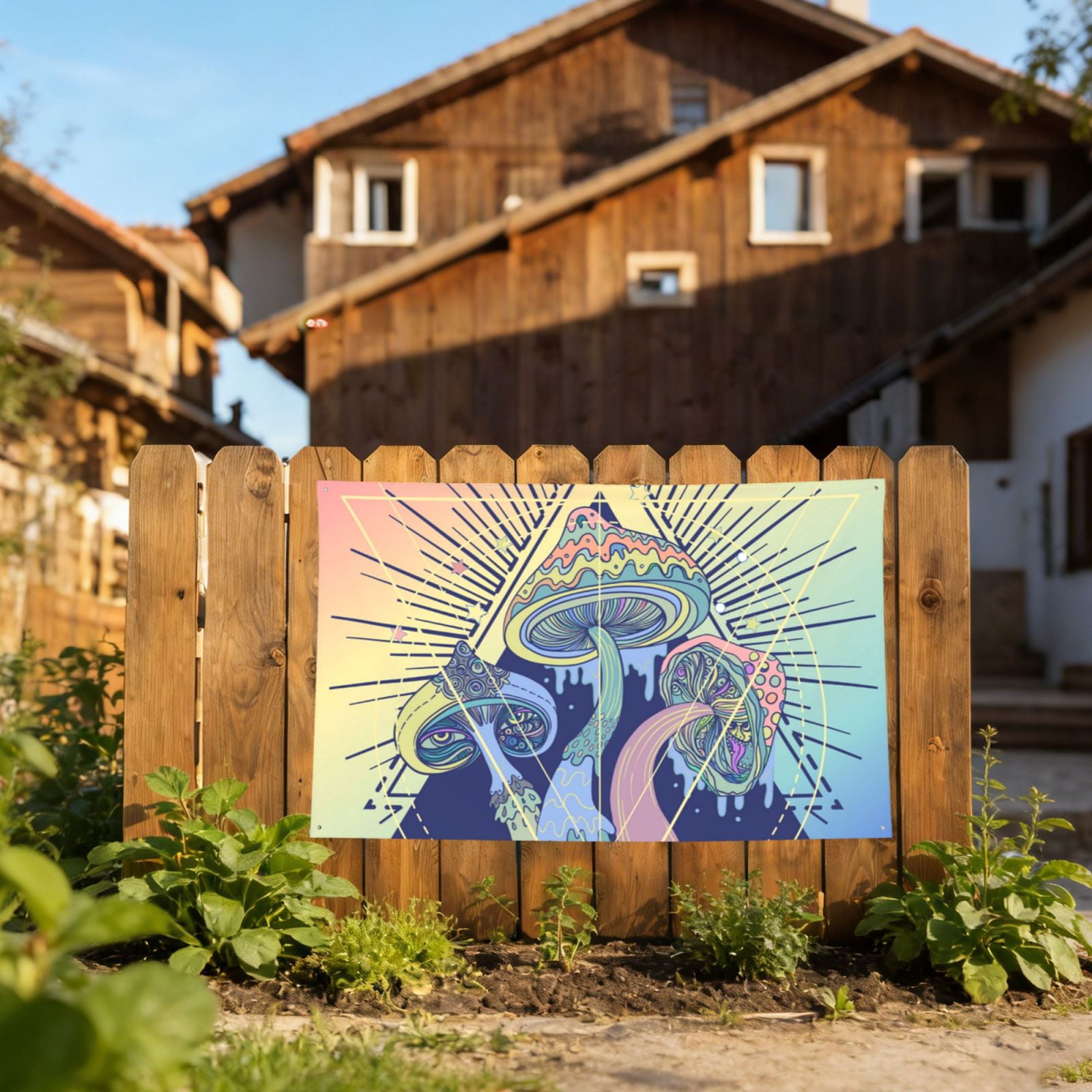 Magic Mushrooms Geometry Psychedelic Four Hole Decorated Banner Flag for Garden Yard Home Decoration Indoor Outdoor 4x6 Ft