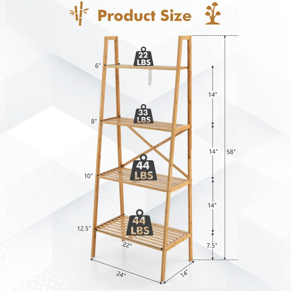 Demi Bonn 4-Tier Bamboo Ladder Bookshelf, 58" Bamboo Bookcase Storage Stand Rack, Beige