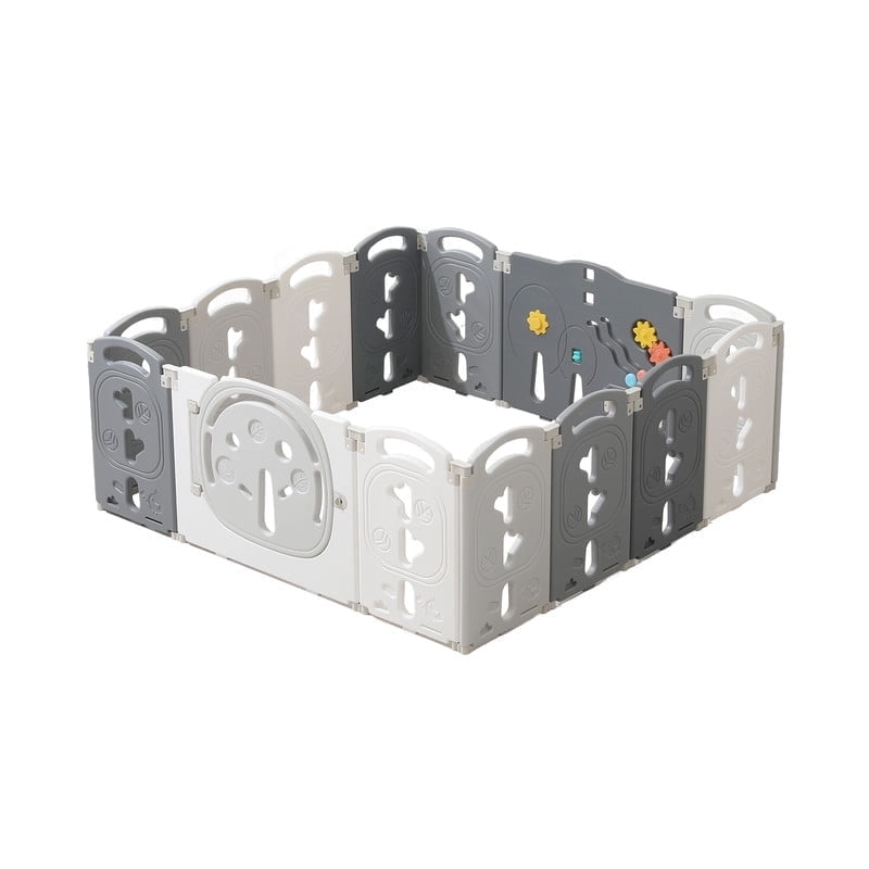14-Panel Portable Plastic Playpen, Safe Activity Fence for Kids and Toddlers, Indoor & Outdoor Available, Gray