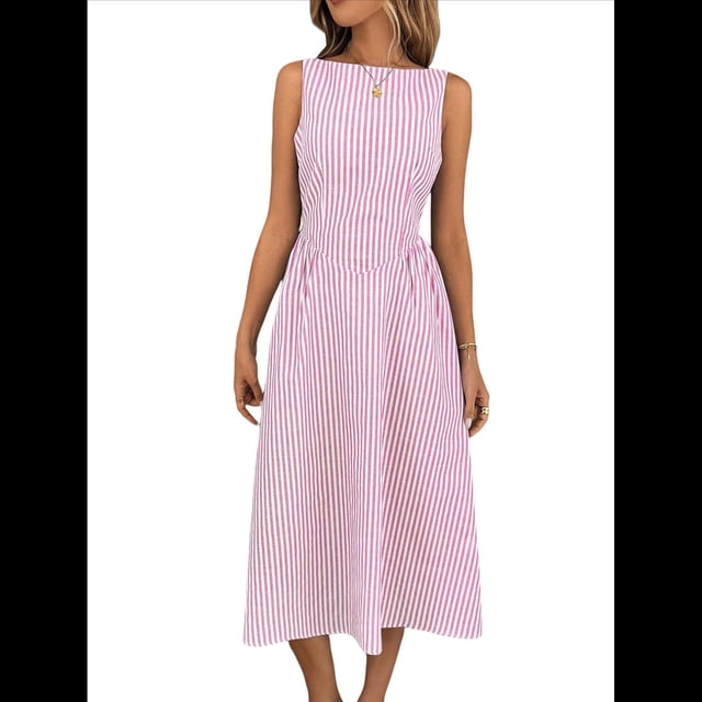 Vestido de Mujer de Cintura Alta, Sin Mangas, A Rayas, Color Liso, Estilo Verano 2025. Rosa L