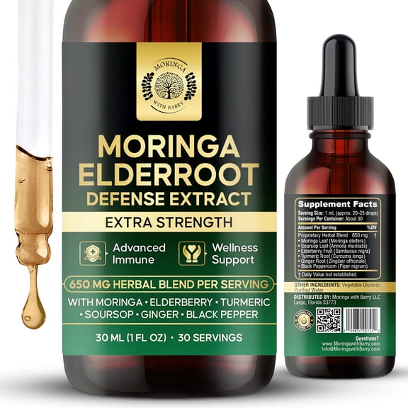 Moringa ElderRoot Defense Extract – Multi-Herb Botanical Drops with Elderberry, Turmeric, Ginger, Soursop & Black Pepper | 650 MG Herbal Blend for Daily Wellness & Immune Support