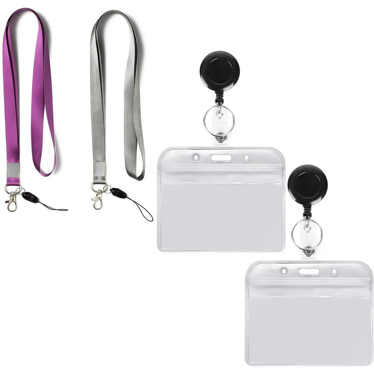2 Pack Lanyard with ID Badge Holders Horizontal and Badge Reel Purple  Lanyards Retractable Badge Reel Office Neck Grey Lanyard with id Holder  Card Holder Punched Zipper Waterproof Resealable 