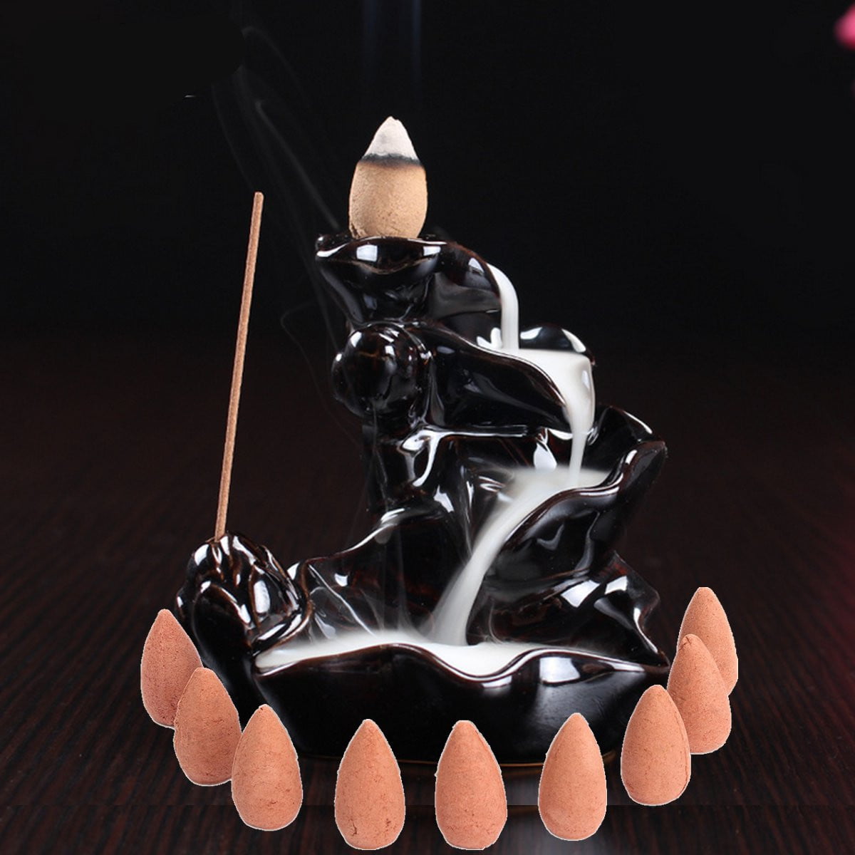 Black Waterfall Porcelain Backflow Ceramic Cone Incense Burner Holder & 10 Cones