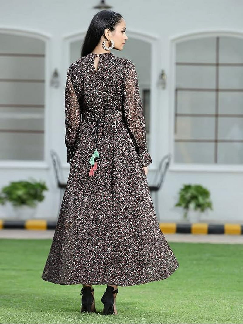 chinese dress ladies Blue floral printed long chiffon dress 5042 – Xiaolizi