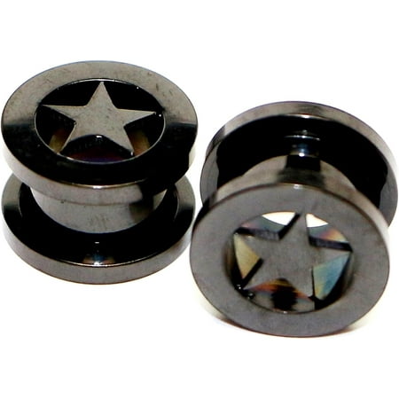 Surgical Stainless Steel Ear Black Plugs Gauges Screw Back CZ Ear Plugs Ear Tunnels Ear Gauge Star Shape (Black Star) (11MM)