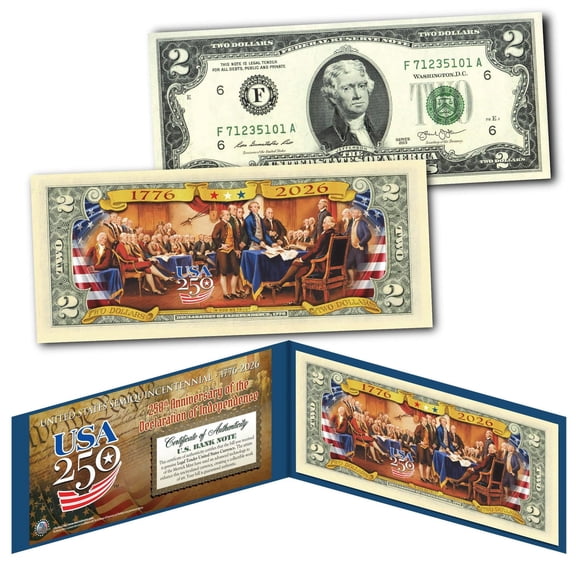 1776-2026 BANNER USA 250 Declaration of Independence America's 250th Anniversary Genuine U.S. $2.00 Bill