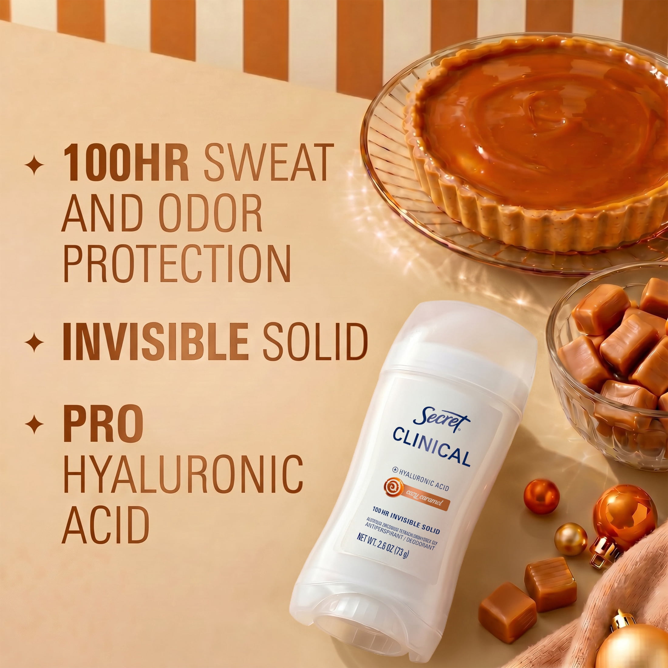 Secret 100HR Holiday Clinical Antiperspirant Deodorant for Women, Hyaluronic Acid, Invisible Solid, Cozy Caramel, 2.6 oz