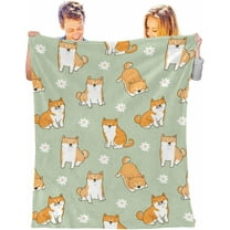 JOOCAR Green Adults and children Cartoon Shiba Inu Dog and Flower Blanket 50" x 60"