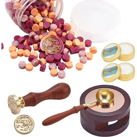 Sealing Wax Kit Wood Wax Furnace with UFO Wax Seal Stamp 3 Colors 210pcs Sealing Wax Beads 1pc Wax Spoon 2pcs Candles Wax Seal Warmer Melting Kits for Wedding Invitation(Pink Series) DIY