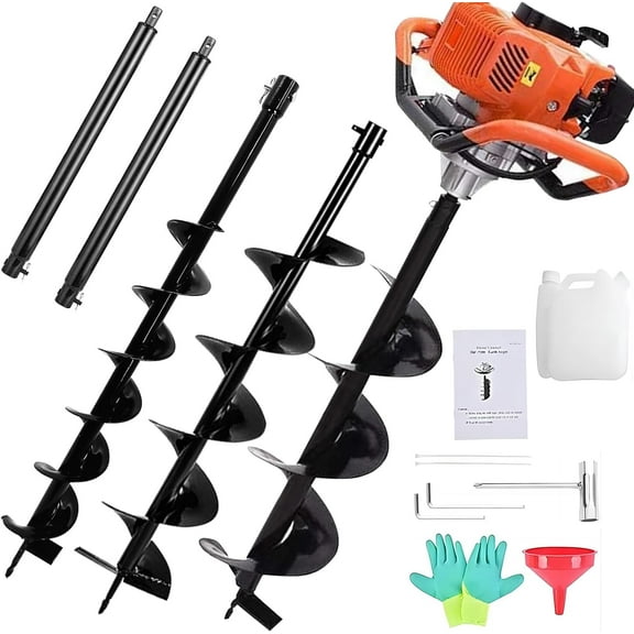 Jacgood 85CC Auger Post Hole Digger, 3KW Post Hole Auger Gas Powered with 3 Auger Drill Bits(4" & 8" & 12")   2 Extension Rods (24" & 24")for Farm Garden Plant