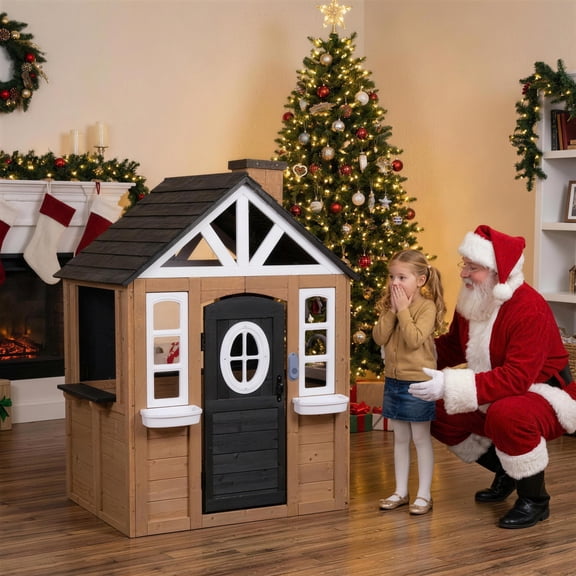 Sunnyfree Outdoor Wooden Playhouse, Wooden Playhouse with Play Kitchen, Working Doorbell, Pet Door, Ages 3 to 8