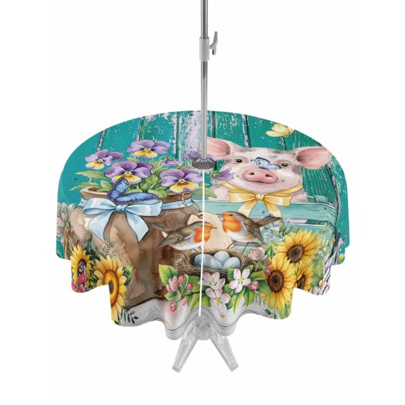 Outdoor Tablecloth with Umbrella Hole for Patio/Picnic/Party/Camping, Farmhouse Floral Pig Waterproof Table Cloth Round Cover Washable, Spring Sunflowers Butterfly Teal Green (Dia 54")
