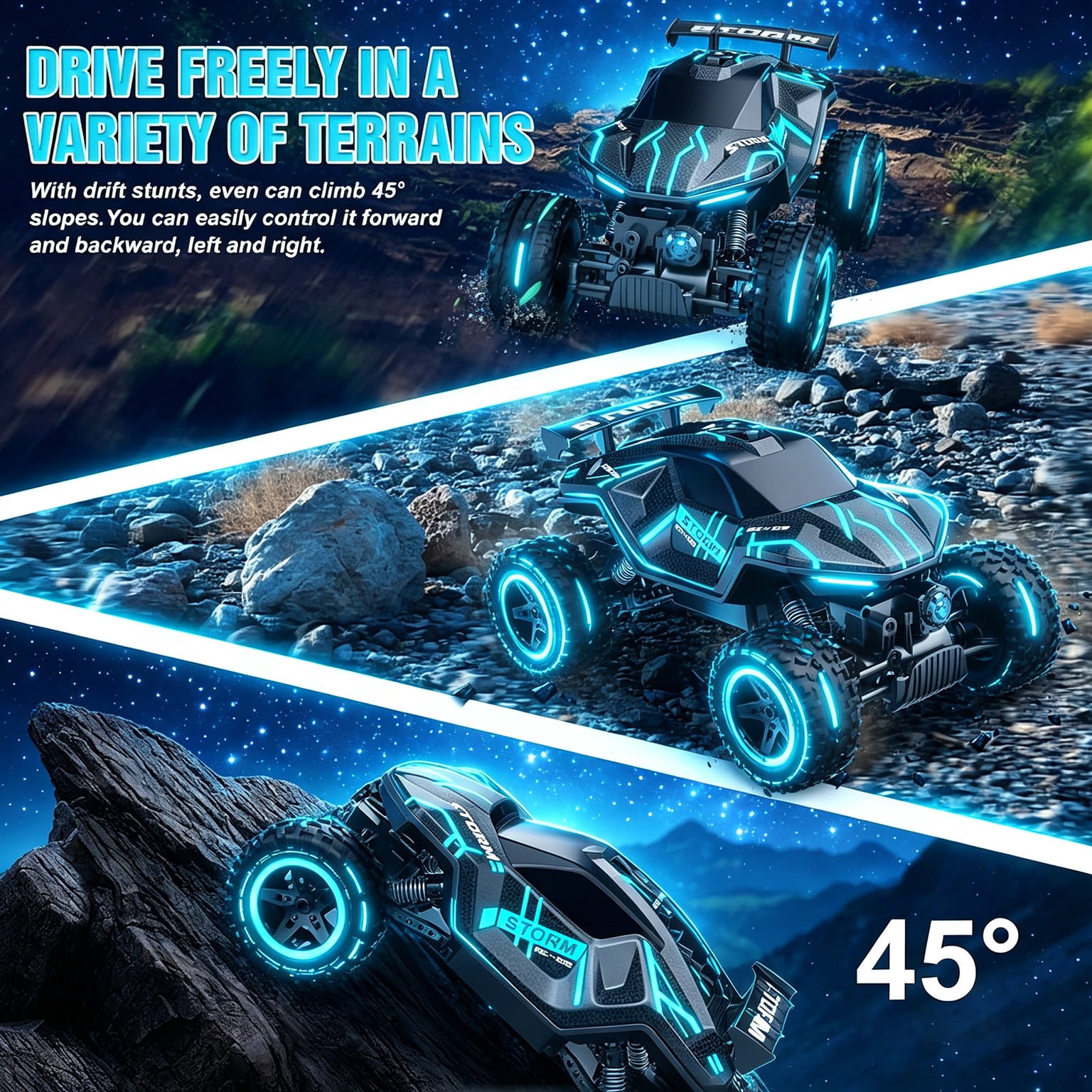 HNH 1:16 RC Car Remote Control Car, RC Monster Truck with Lights and Spray Function, All Terrain Off Road RC Monster Vehicle Truck for Kids, 2400Mah Battery