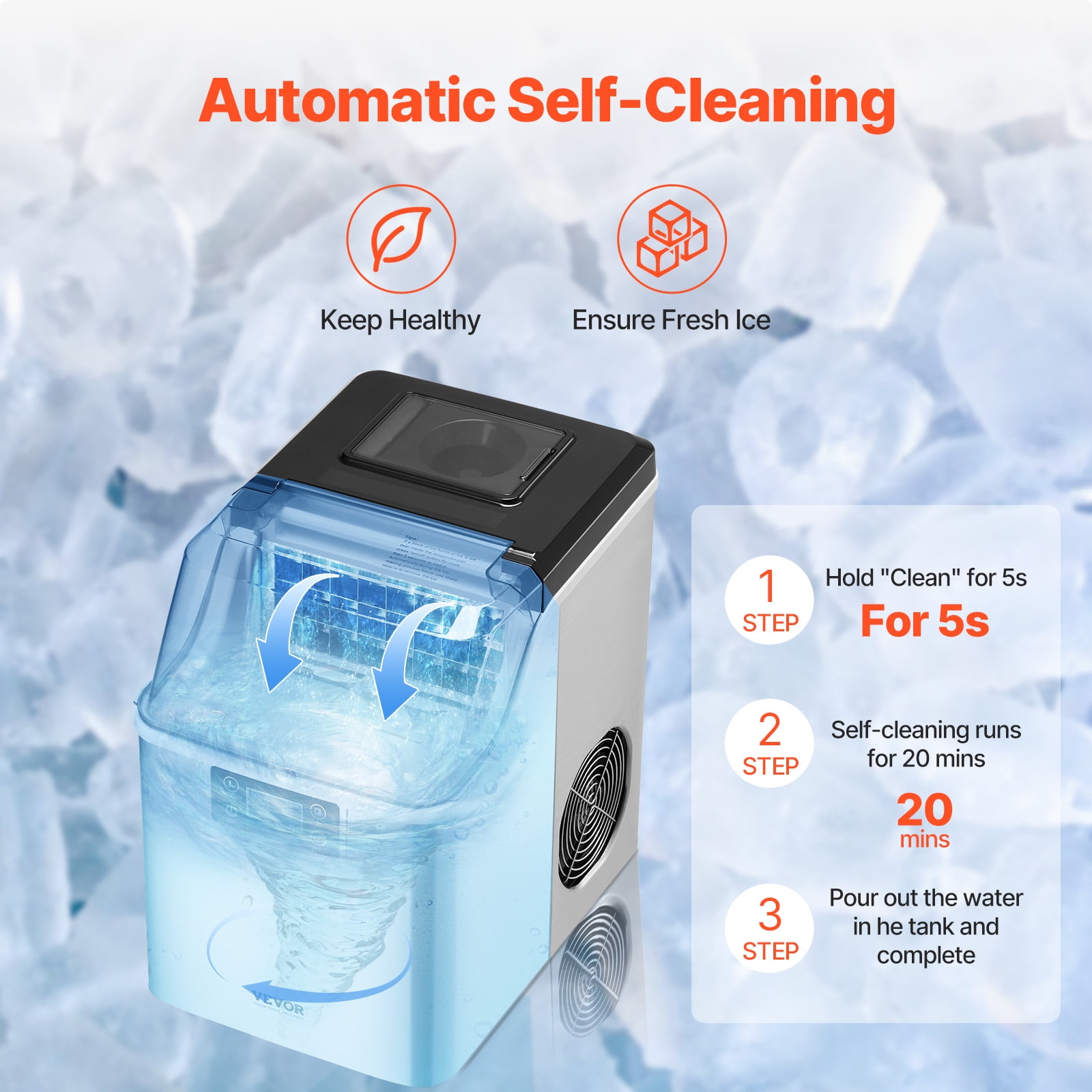 VEVOR Countertop Ice Maker, 24 Cubes Ready in 15 Mins, 45lbs in 24Hrs, Self-Cleaning Portable Ice Maker with Ice Scoop and Basket, Ice Machine with 3 Sizes Ice Cube for Home Kitchen Office Party