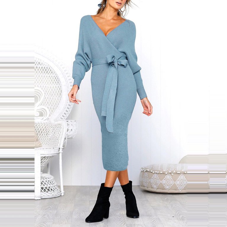VSSSJ Womens V Neck Wrap Ribbed Knitted Dresses Fall Winter Solid Color  Cutout Back Long Sleeve Tie Waist Split Midi Bodycon Dress Blue L -  Walmart.com