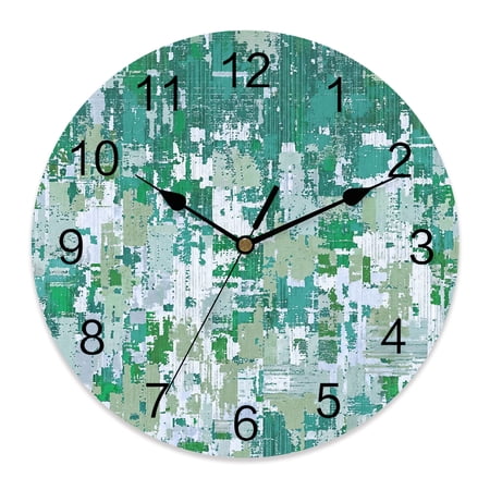 Wall Clock Green Brushes Painting Clocks PVC Silent Non-Ticking Battery Operated Decorative Modern Abstract Art Graffiti Round Clock for Home Living Room Kitchen Bedroom Office Wall Decor 12 Inch