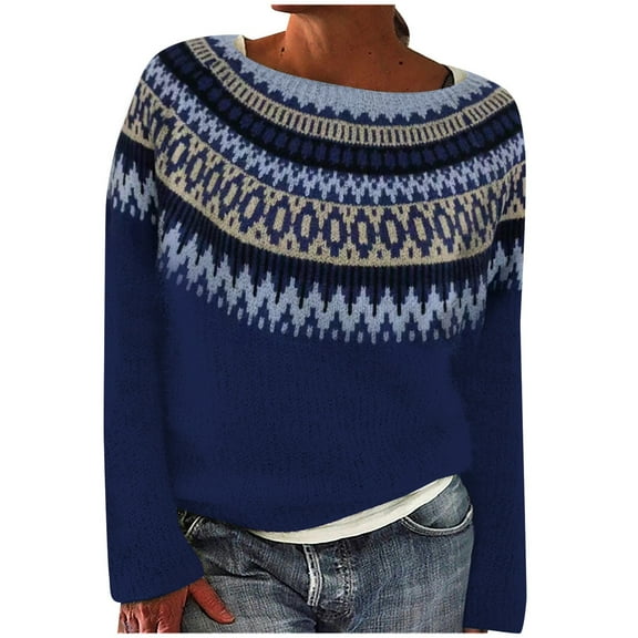Oversized Sweaters for Women Fashion Printed Fair Isle Crew neck Sweater Loose Comfortable Fall Winter Long Sleeve Pullovers Top Multicolor Blue L