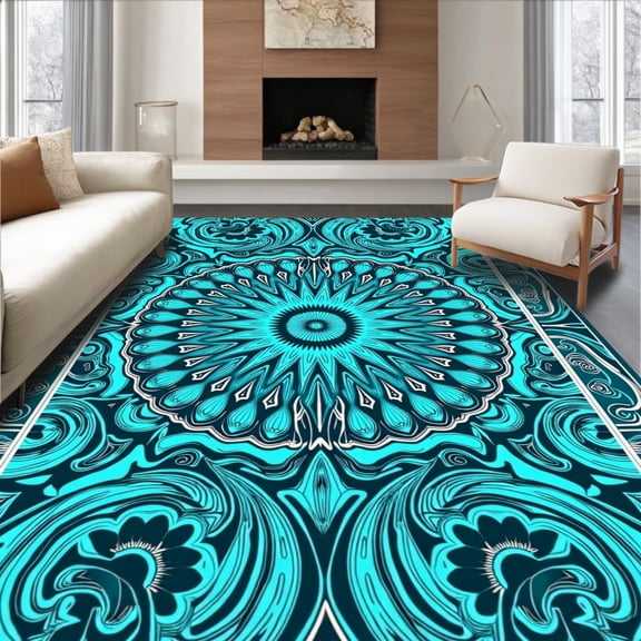ODIKA 4'x6' Machine Washable Non-Slip Area Rug, Wave Medallion Nautical High Traffic Rug, Blue, 550182