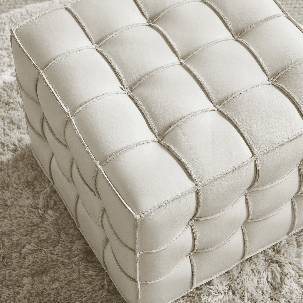 17.32''W Genuine Leather Tufted Ottoman for Living & Bedroom in Beige Color|Versatile Footstool as Extra Seat or Coffee Table