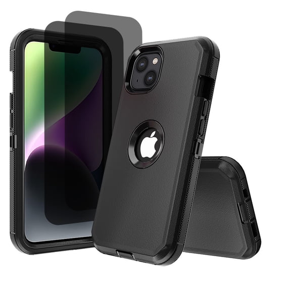 Hotpom for iPhone 15 Plus Case with 2 Pack Privacy Screen Protector Shockproof/ Drop Proof Protection Women Men universal Phone Cover, Black/ Black