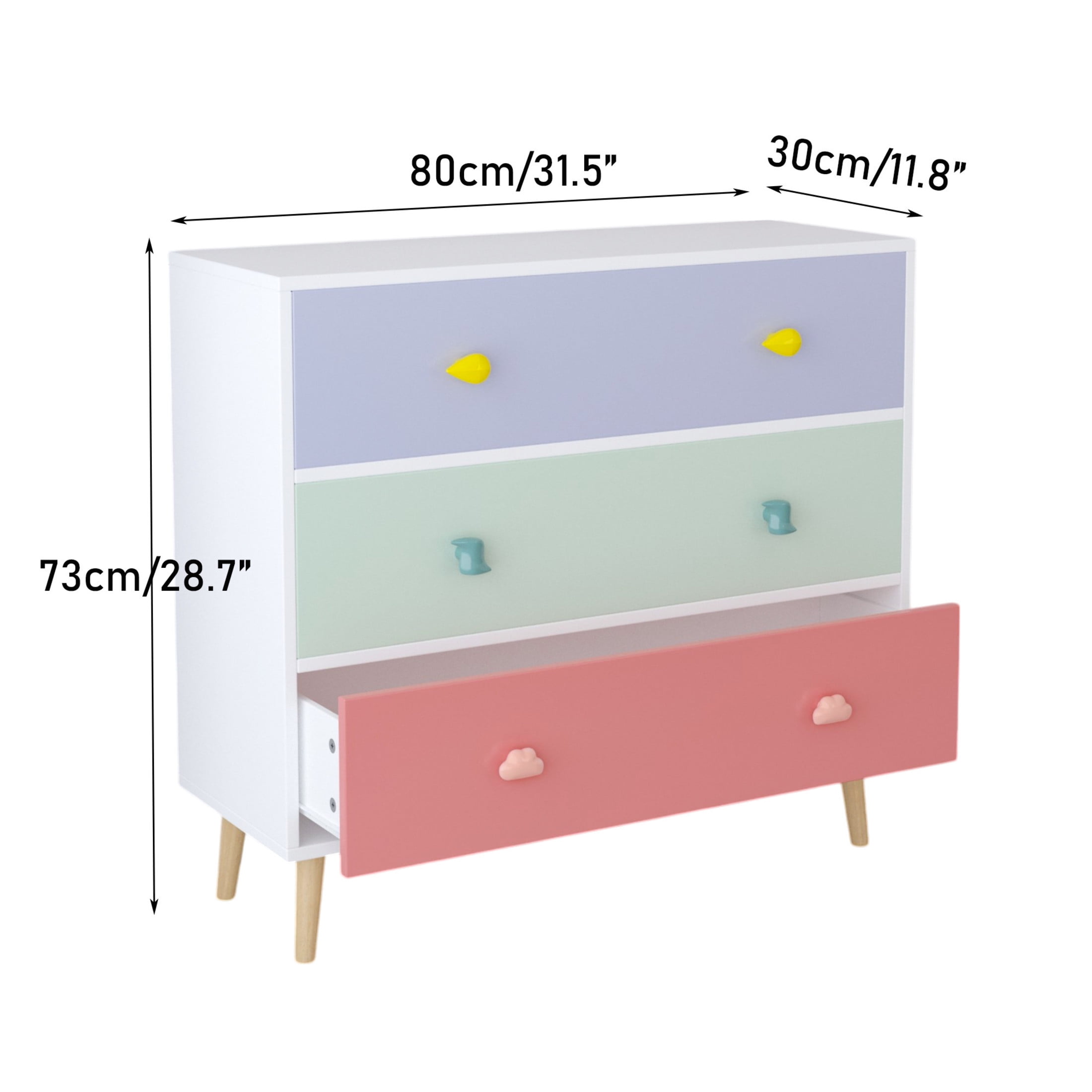 Noble House Godfrey 31.5" Kids 3-Drawer Dresser, Nursery Storage Cabinet, Anti-Tip Baby Nightstand, Multicolor
