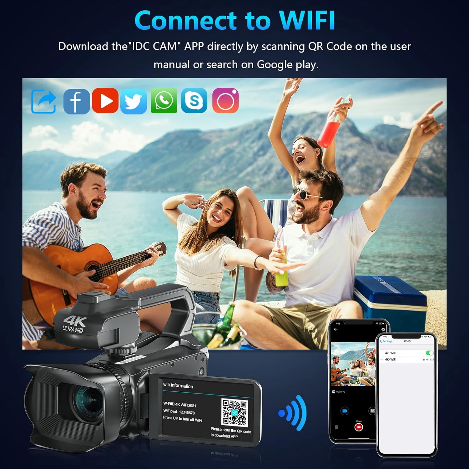 Acuvar 6K Video Camera Camcorder, 64MP 60FPS Vlogging Camera for YouTube, 4.0 Inch Touchscreen Video Recorder, HD WiFi Video Camera with 4500mAh Battery, 64G SD Card, Stabilizer, Mic, 100 LED Light