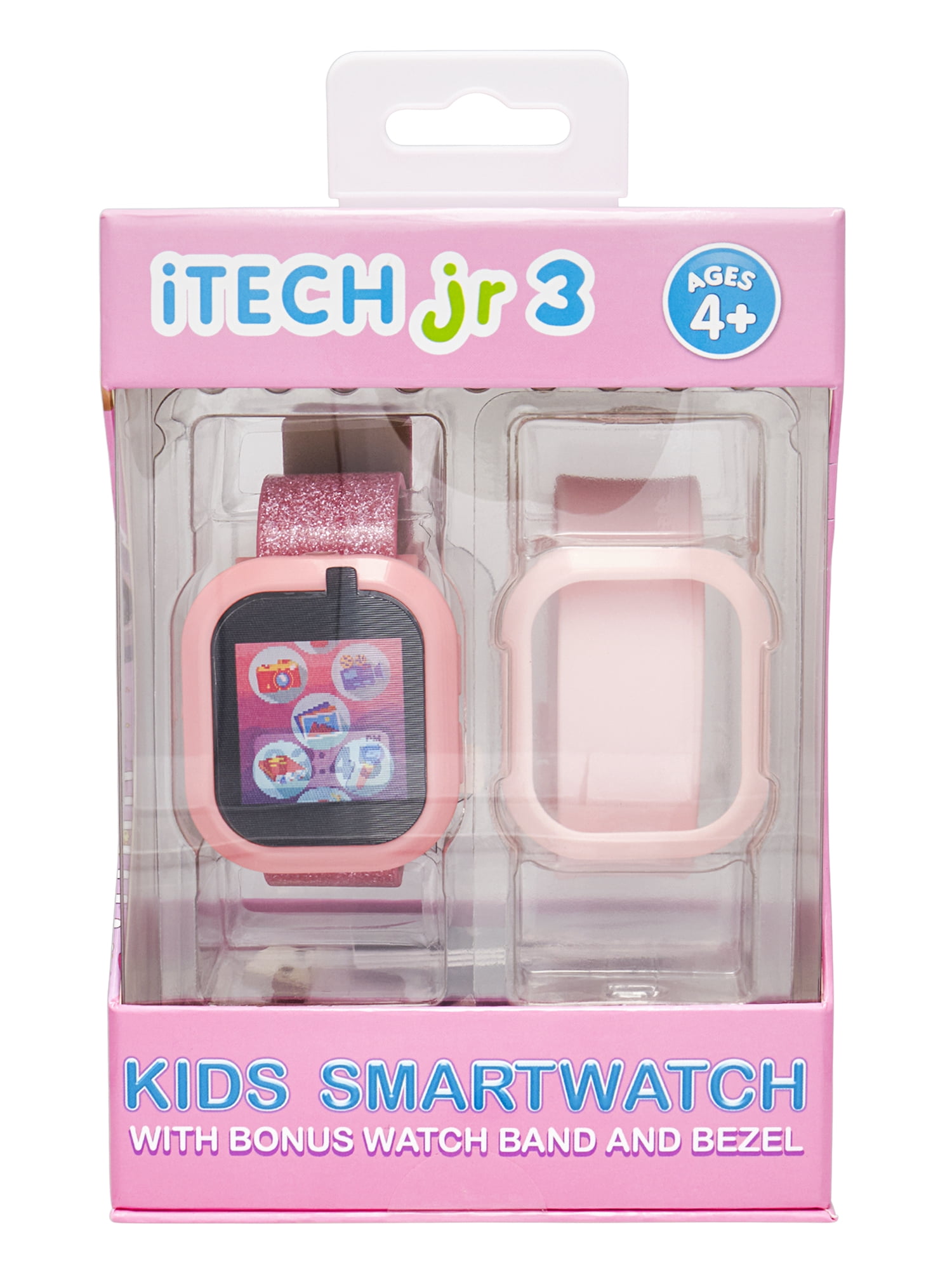 Itech Junior Kids Girls Pink Glitter Bluetooth Enabled Smartwatch with Interchangeable Straps and Bezels