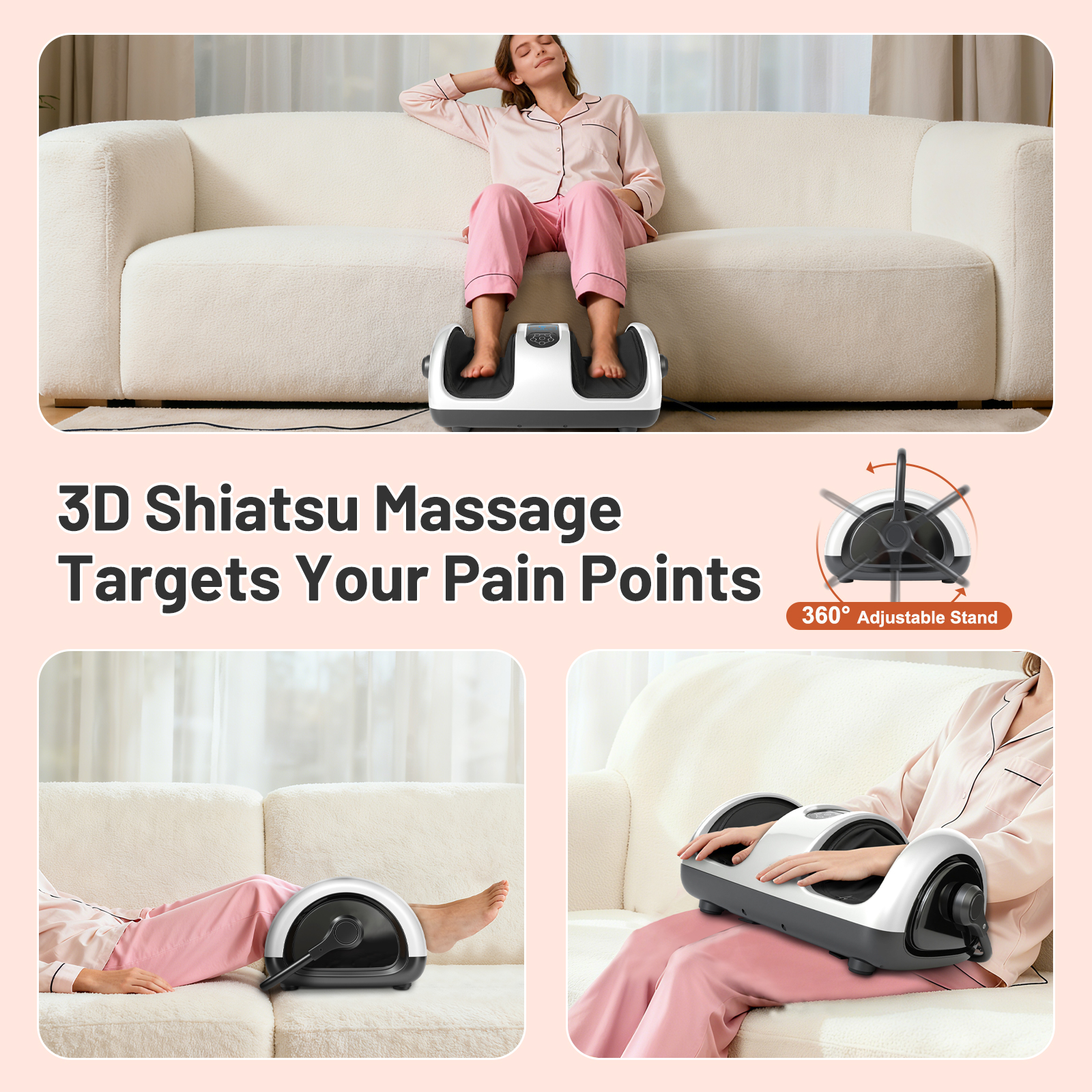 BAOKALER Foot Massager with Heat Therapy, Deep Kneading Foot and Calf Massager with Adjustable Compression, Relaxing Shiatsu Foot Massager for Ankle/Leg Care, Perfect Gift for Lovers, White