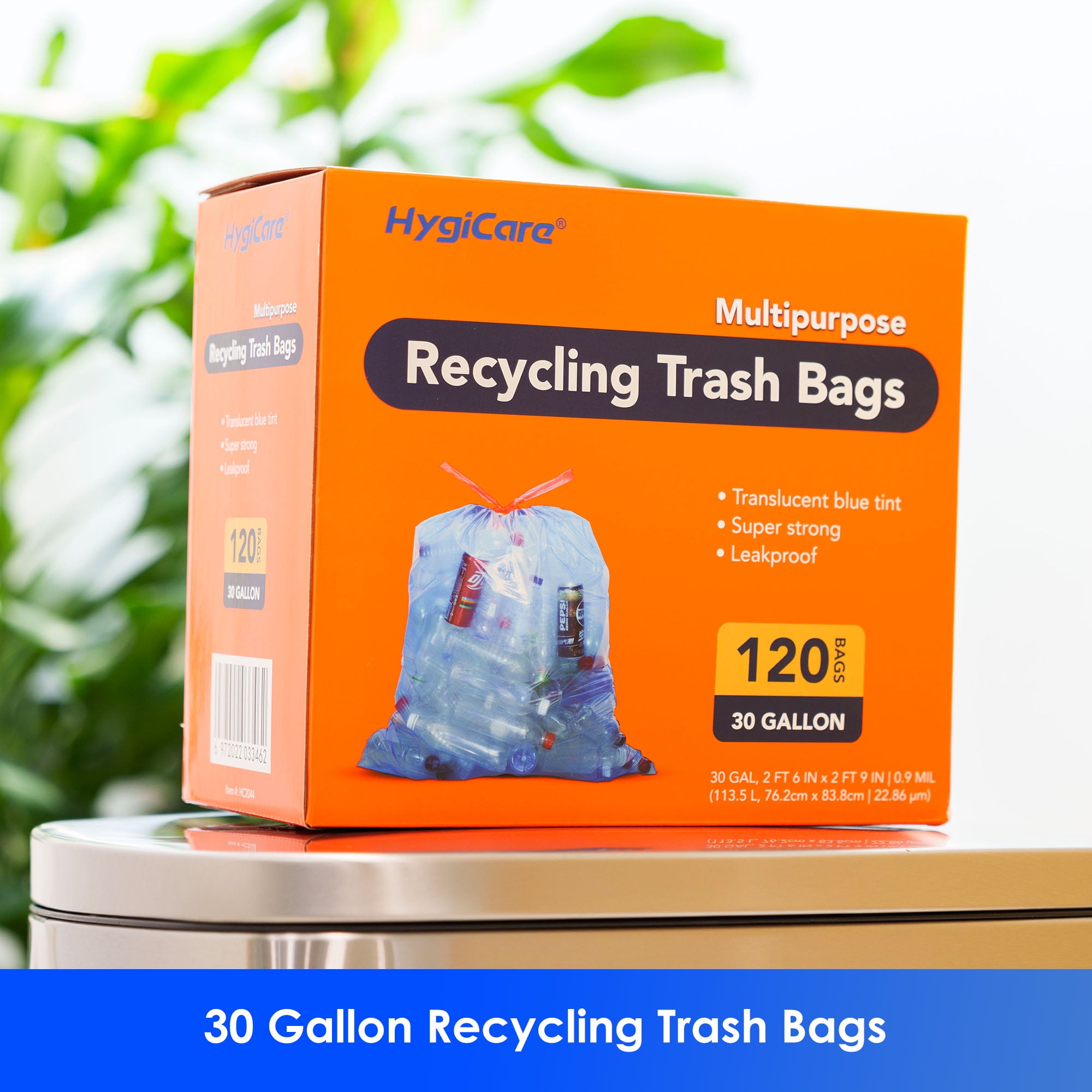 HygiCare Recycling Trash Bags, 30 Gallon, 120 Count, Unscented, Super Strong, Leakproof, Translucent Blue