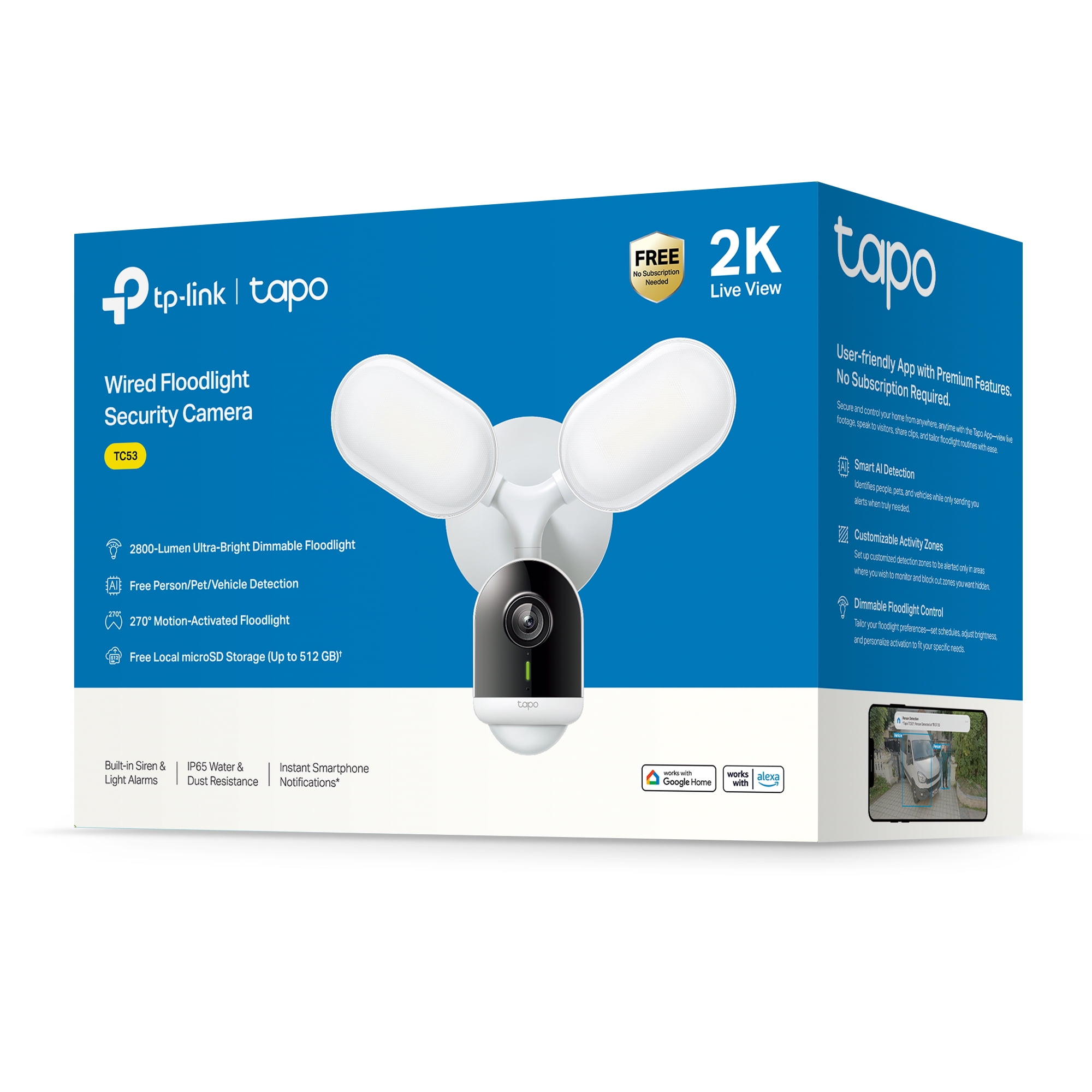 TP-Link Tapo Wired, Ultra-Bright Motion-Activated, Weatherproof Floodlight with 2K Camera, Two-Way Audio, Full-Color Night Vision, Smart AI Detection.  Easy App Setup. No-Subscription Required - TC53