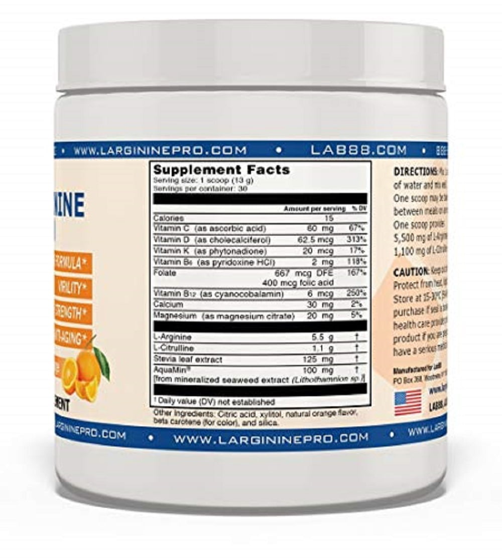 L-ARGININE PRO Powder Jars - 5500mg L-Arginine, 1100mg L-Citrulline Cardio Health, Citrus Orange, 1 Jar