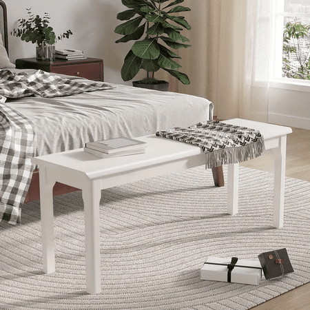 BALANBO Wood Bench 47 Farmhouse Entryway Bench for Living Dining Room Modern Benches Seat White
