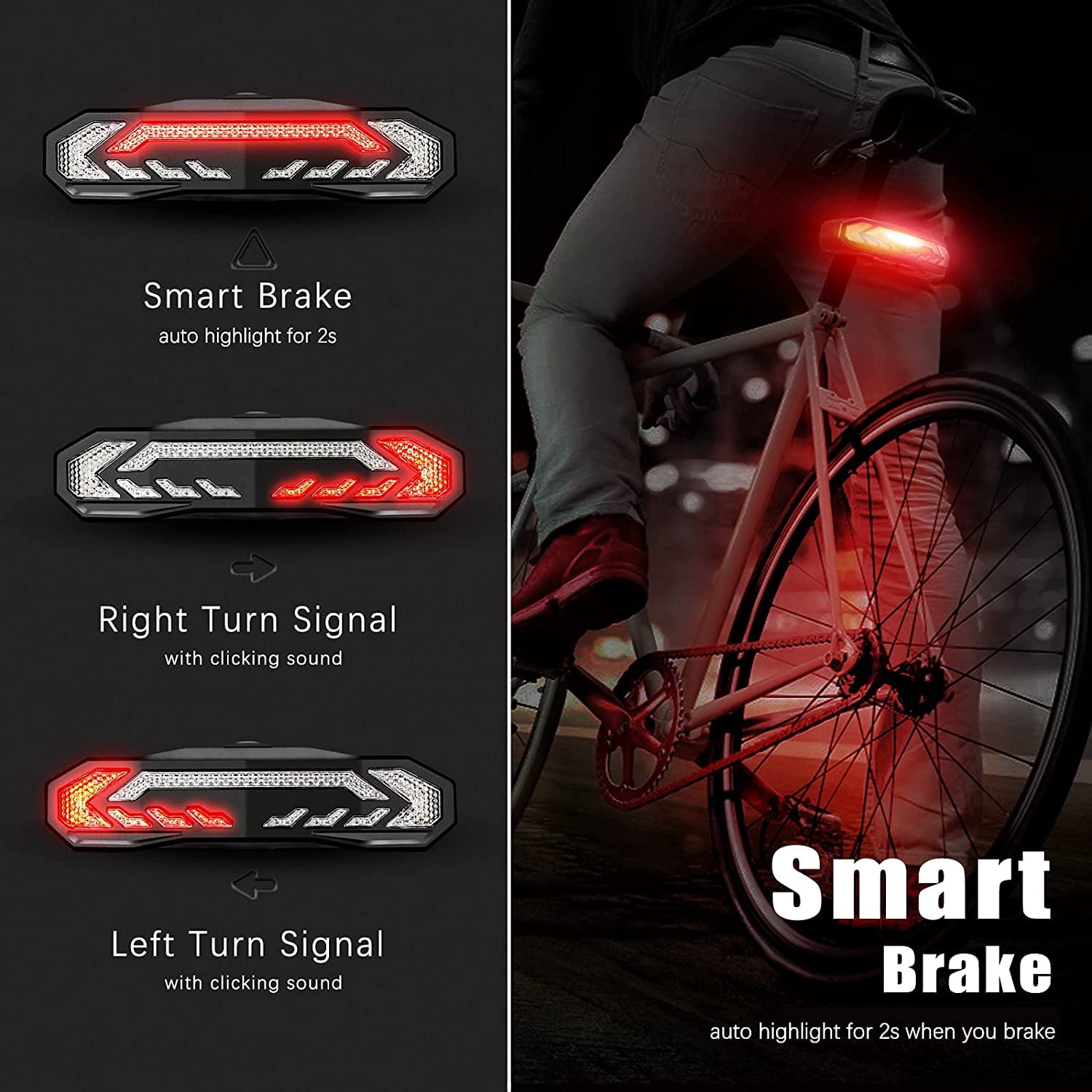 Wsdcam 5-in-1 Smart Bike Tail Light with Turn Signals and Brake Light, Bike Horn Bike Alarm USB Rechargeable Bike Rear Light with Remotes
