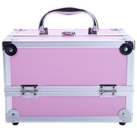 Aluminum Makeup Train Jewelry Storage Box Cosmetic Button Lock Case Organizer (Pink)