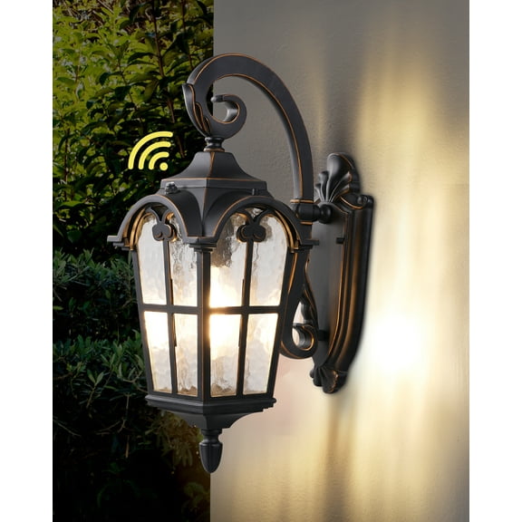 DEWENWILS Dusk to Dawn Outdoor Wall Light Fixtures Wall Mount, Black Roman 17.7" , Anti-Rust & Waterproof, Water Ripple Glass, Porch Light for House, Garage, ETL Listed A19 bulbs