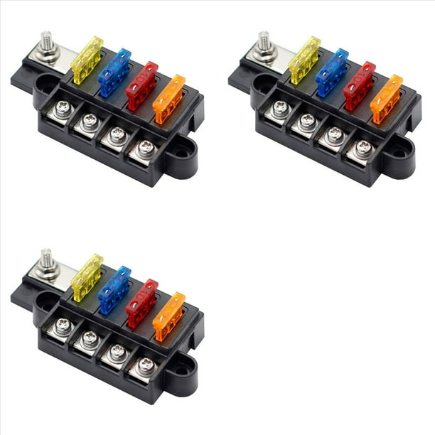 3X Caja de Fusibles de Cuchilla para Automotriz Marino Bloque de Fusibles de 4 Vías 12-32 V 4 Circuitos con Cubierta