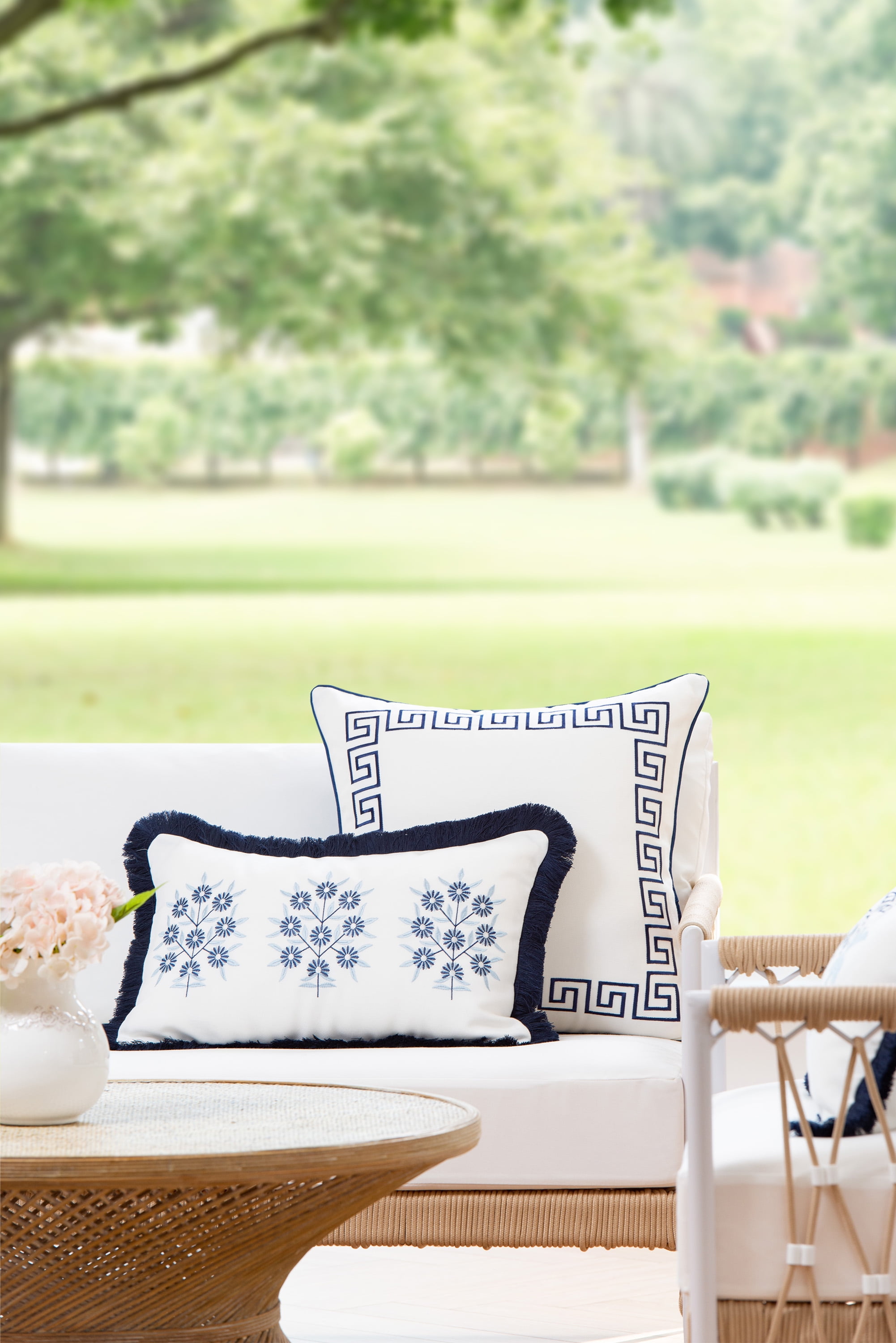 Hofdeco Premium Coastal Patio Indoor Outdoor Lumbar Pillow Cover Only, 12"x20" Water Repellent for Backyard, Couch, Navy Blue Embroidered Floral with Fringe