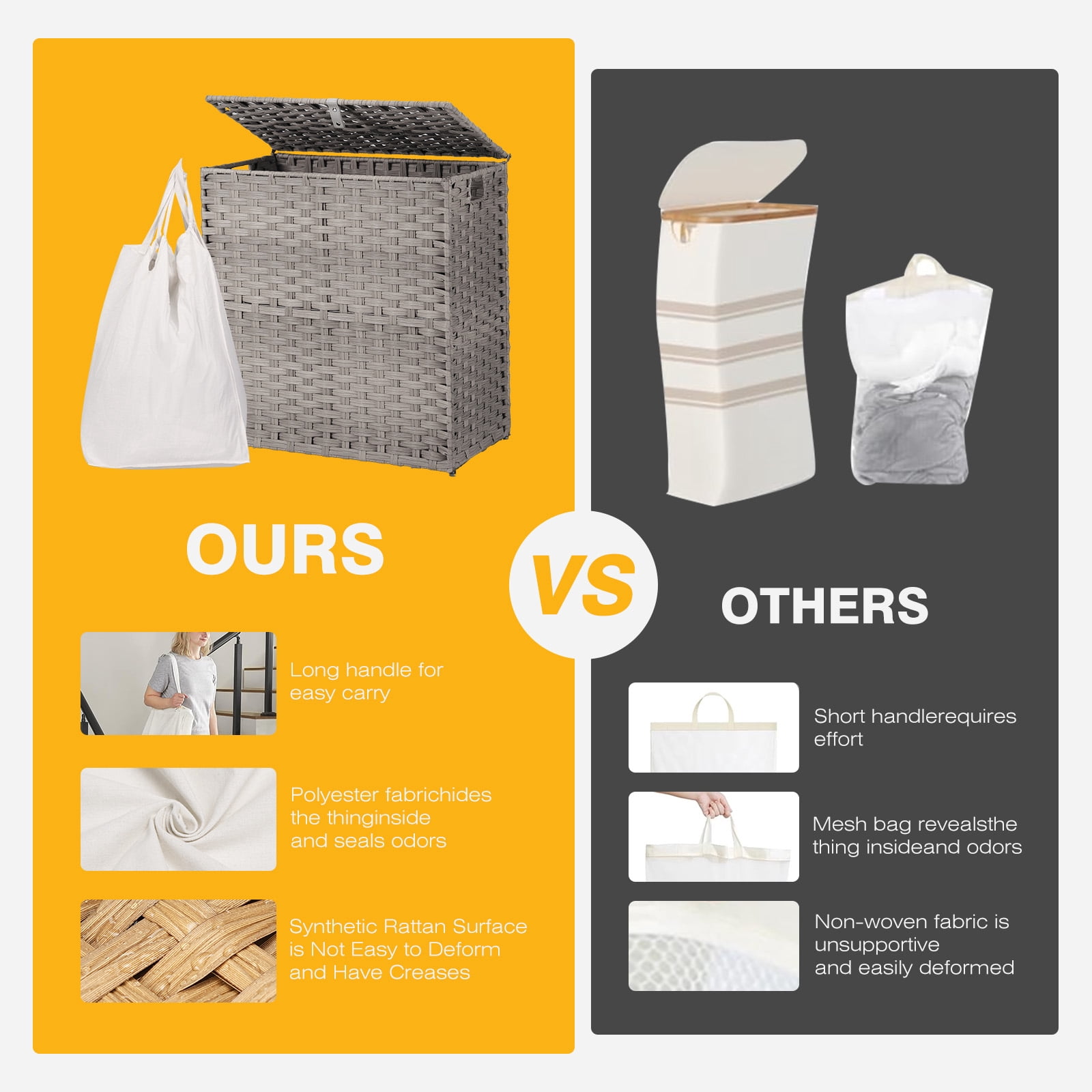 CONCETTA Laundry Hamper with Removable Liner, 90L Wicker Laundry Baskets, Gray