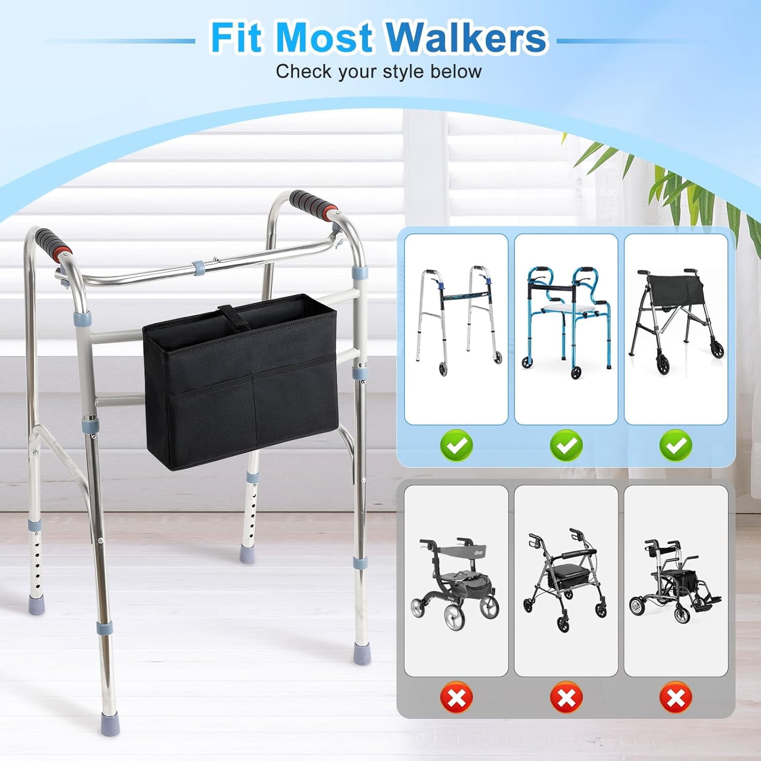Rhino Valley Walker Basket, Large Capacity Basket for Walkers with Multi Pockets, Hand-Free Carry Pouch Storage Bag Walker Accessories for Universal Walkers for Seniors, Black