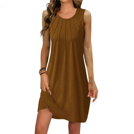 Xysaqa Women Chemise Night Gown Soft Sleepwear Lingerie  Nightgowns For Women Plus Size Women S Summer Fashion Plain Sleeveless Round Neck Pleated Dress Sleepwear For Women On Clearance