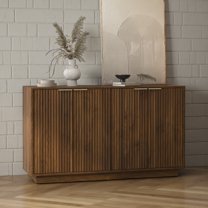 GZXS 55-Inch Fluted 4-Door Sideboard - Modern Mid-Century TV Stand Storage Cabinet for Living Room, Dining Room - Large Capacity, Easy Assembly, Metal Handles (Dark Wood)