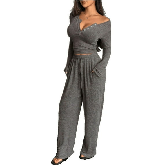 V-Neck Button Long Sleeve Top & Wide-Leg Pants Set, Slim Fit Crop Tee Outfit, Stretchy Lounge Set, Casual Two-Piece Matching Set for Women, Stylish Comfort Wear