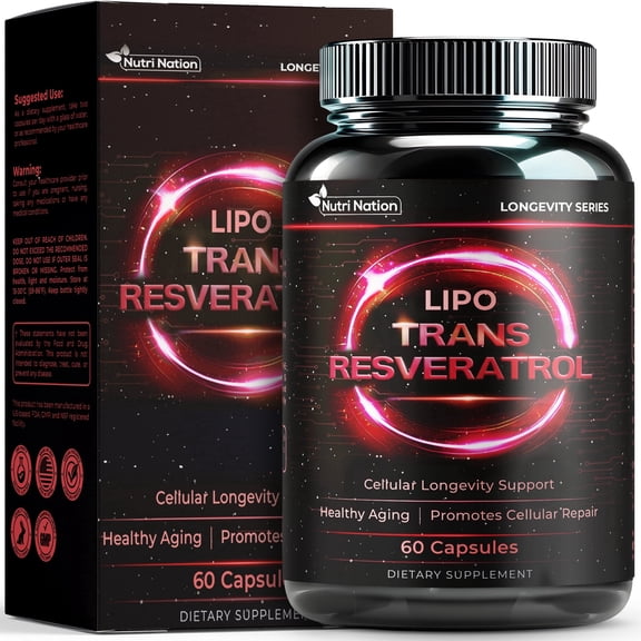 Nutri Nation Liposomal Trans-Resveratrol 500 mg 60 Capsules Antioxidant Supplement for Heart and Cellular Health Healthy Aging Immune System Support