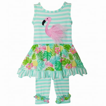 

AnnLoren Big Little Toddler Girls Pink Flamingo Palm Tree Dress & Capri Children s Cruise Wear Outfit